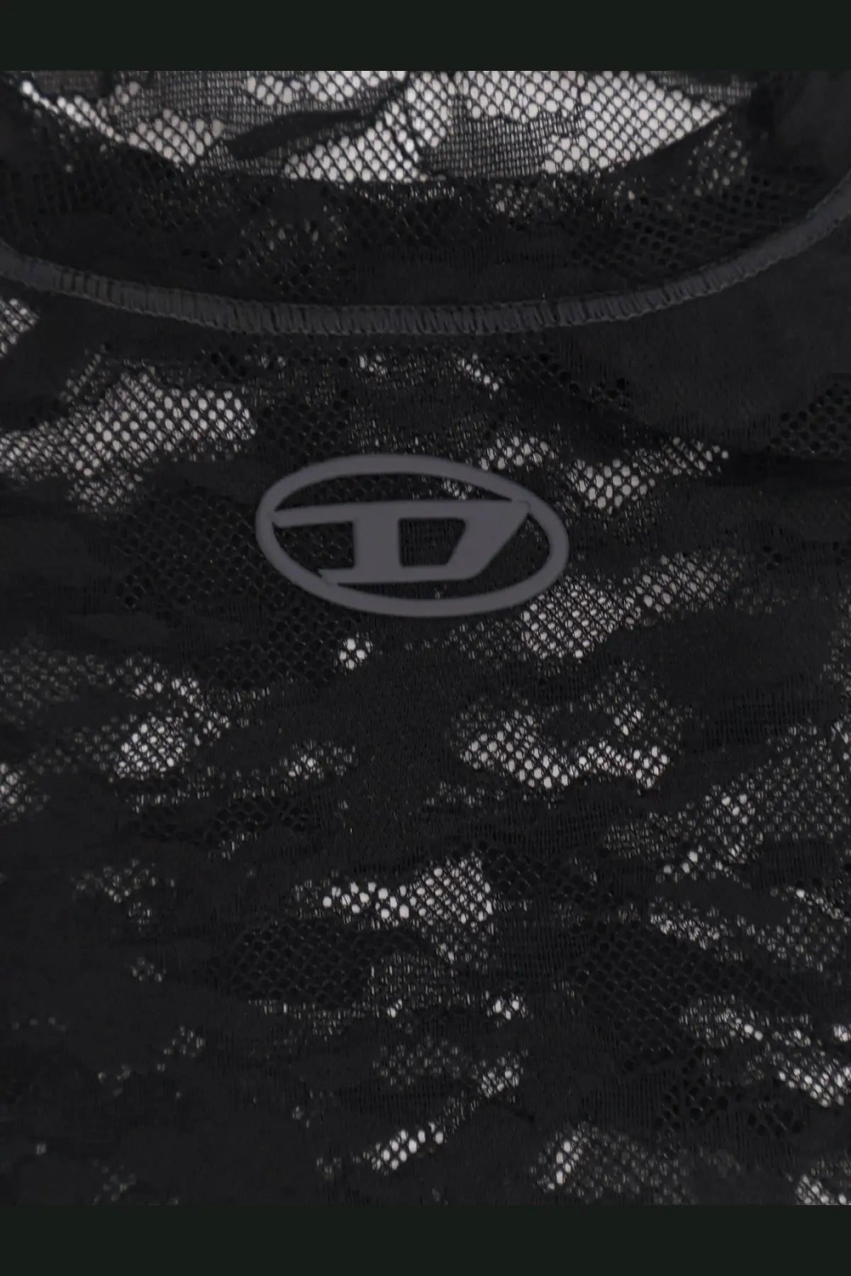 Diesel women’s Kasia Utlt black lace shirt with subtle circular logo embroidered near the neckline