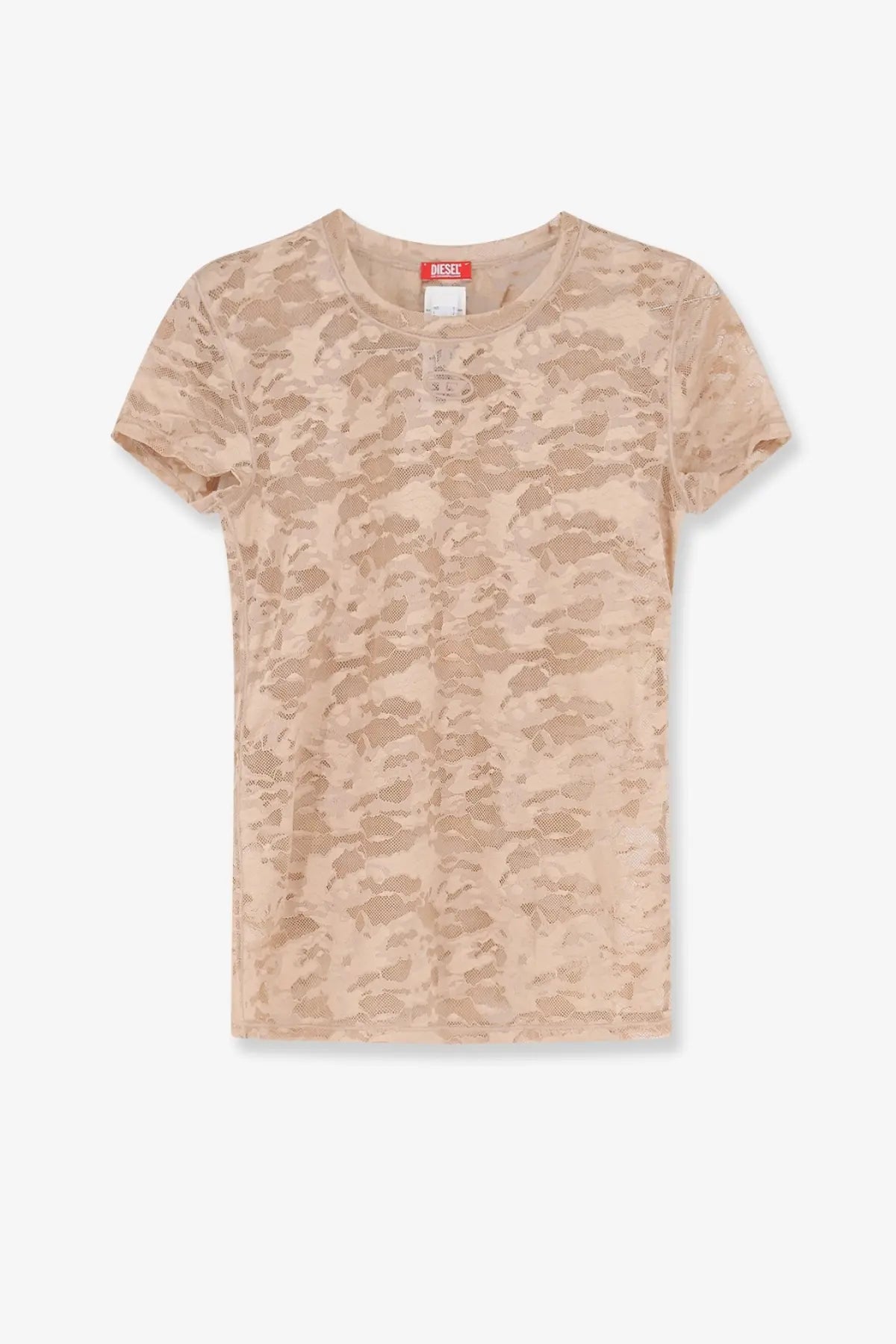 Beige camouflage short-sleeved t-shirt with subtle mesh texture and red Diesel tag at neckline in Diesel women’s Kasia Utlt Lace Shirt pink collection