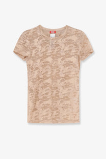 Beige camouflage short-sleeved t-shirt with subtle mesh texture and red Diesel tag at neckline in Diesel women’s Kasia Utlt Lace Shirt pink collection