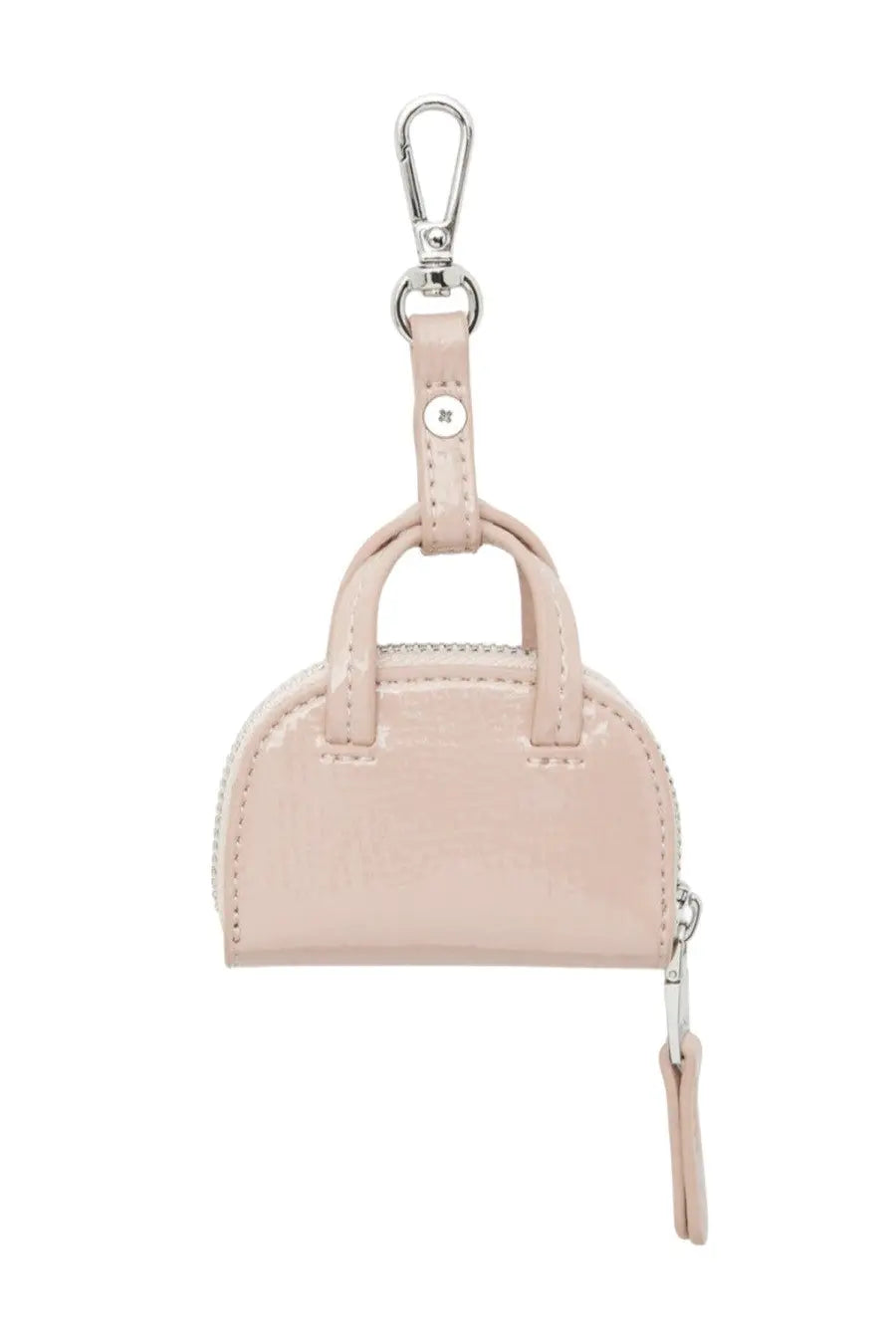 Diesel women’s keychain 1DR Dome Blue petite blush pink patent leather mini handbag keychain with silver clasp and zipper pull