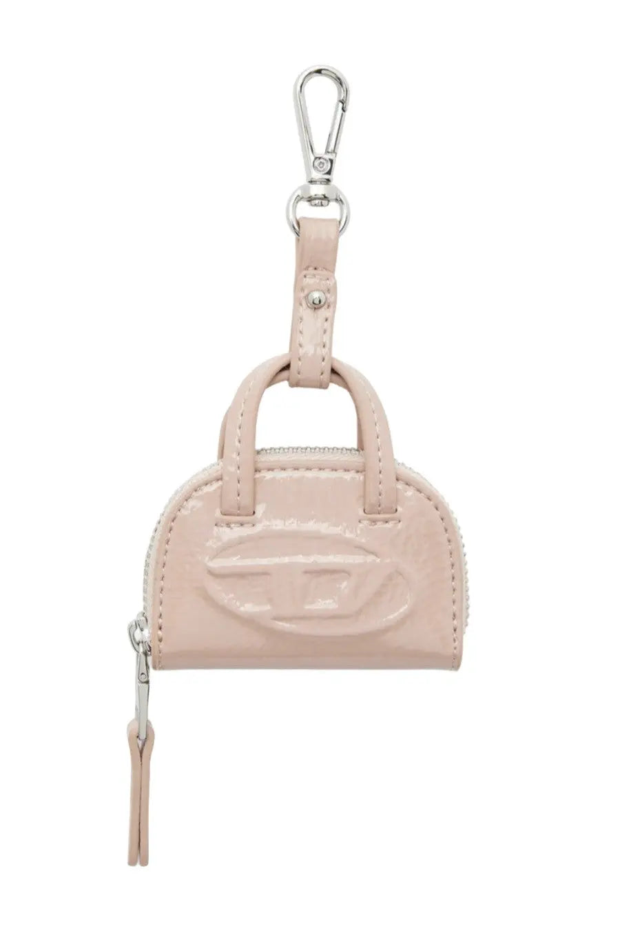 Diesel women’s keychain sleek blush pink patent leather mini handbag keychain with silver logo and zipper pull