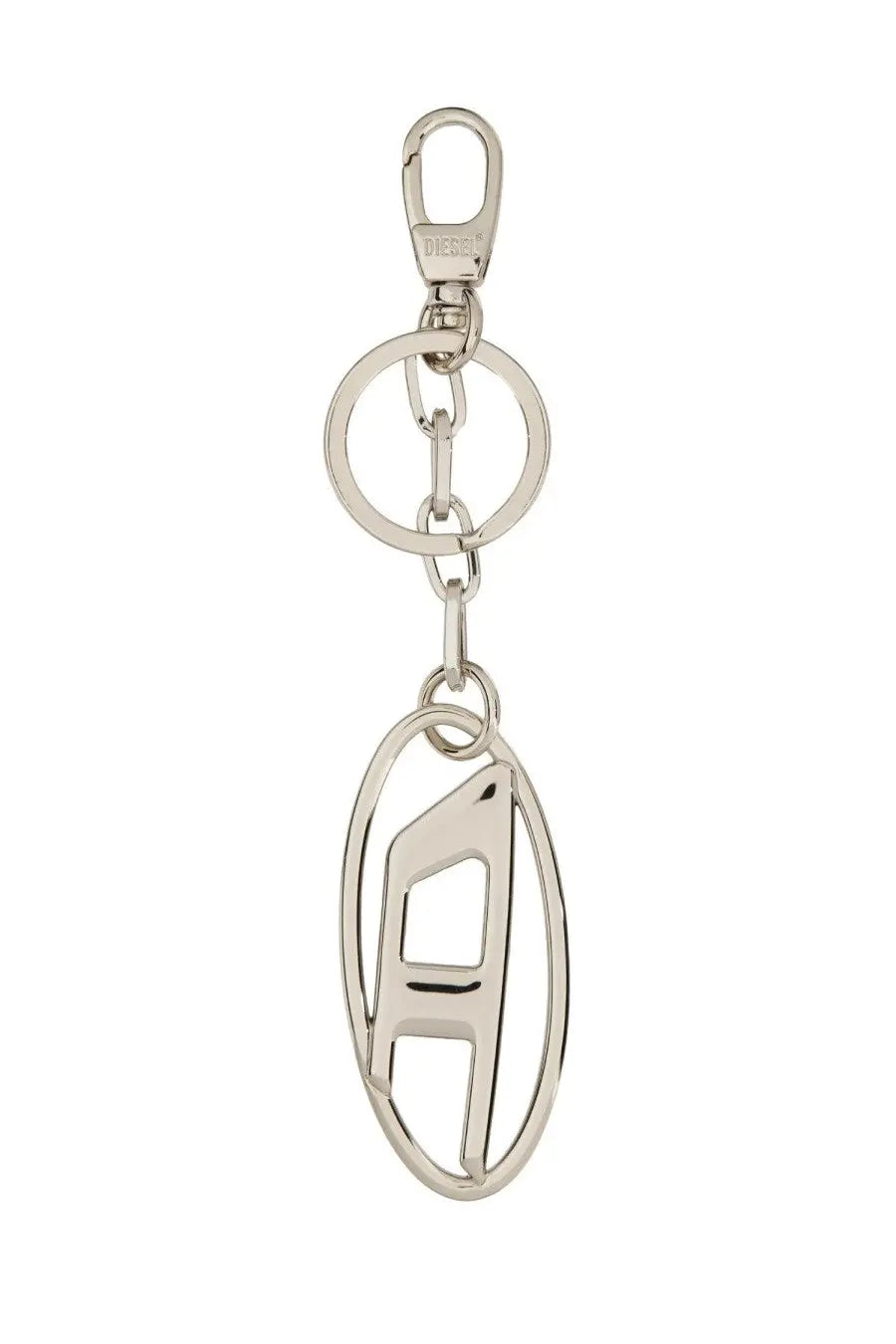 Silver metallic diesel women’s keychain with sleek oval cutout design and iconic diesel logo in gold accents