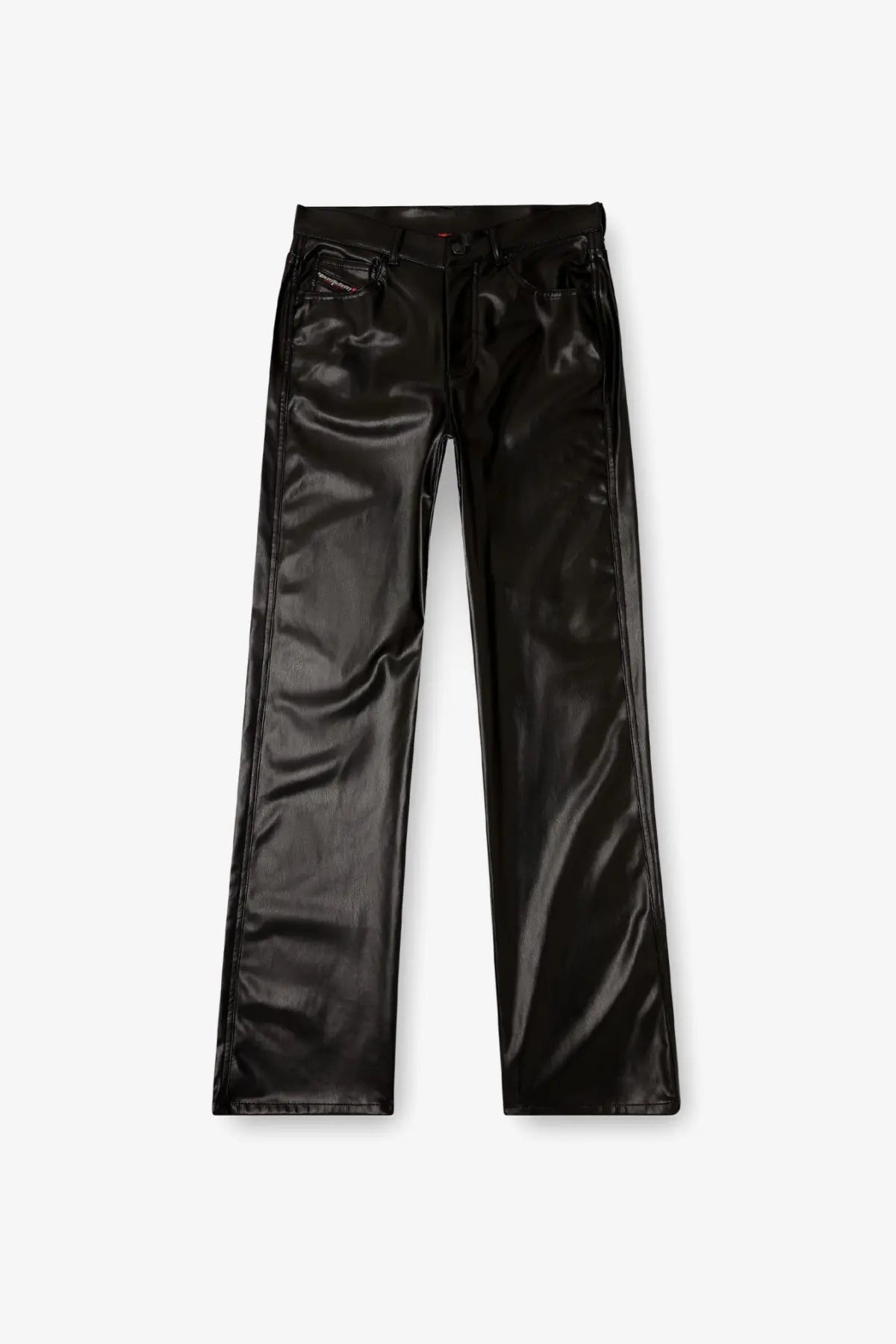Diesel women’s lain faux leather trousers in black glossy faux leather with straight-leg cut and denim-style front pockets
