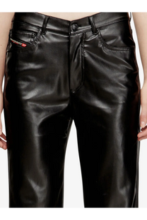 Diesel women’s lain faux leather trousers black with sleek glossy finish and classic denim-style pockets back view