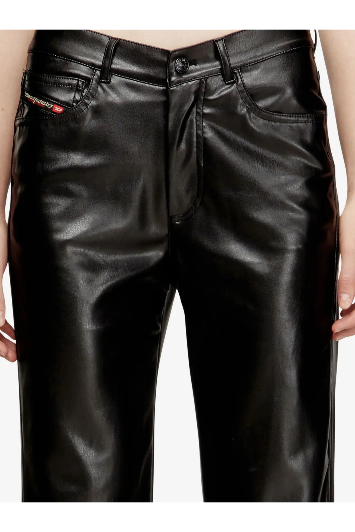 Diesel women’s Lain black faux leather trousers with sleek glossy finish and classic denim-style pockets back view