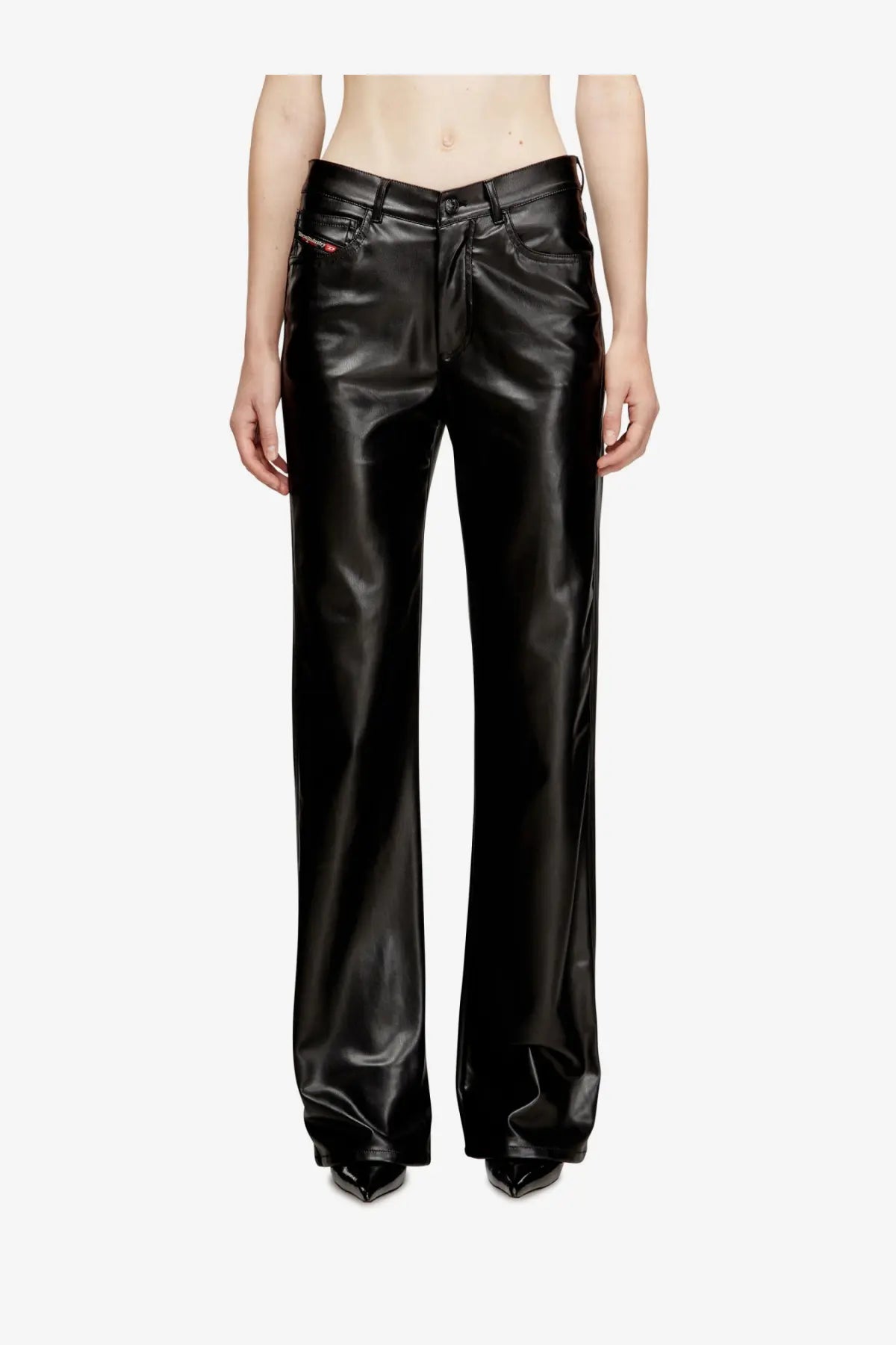 Diesel women’s lain faux leather trousers black with wide-leg fit five-pocket design and red logo on waistband