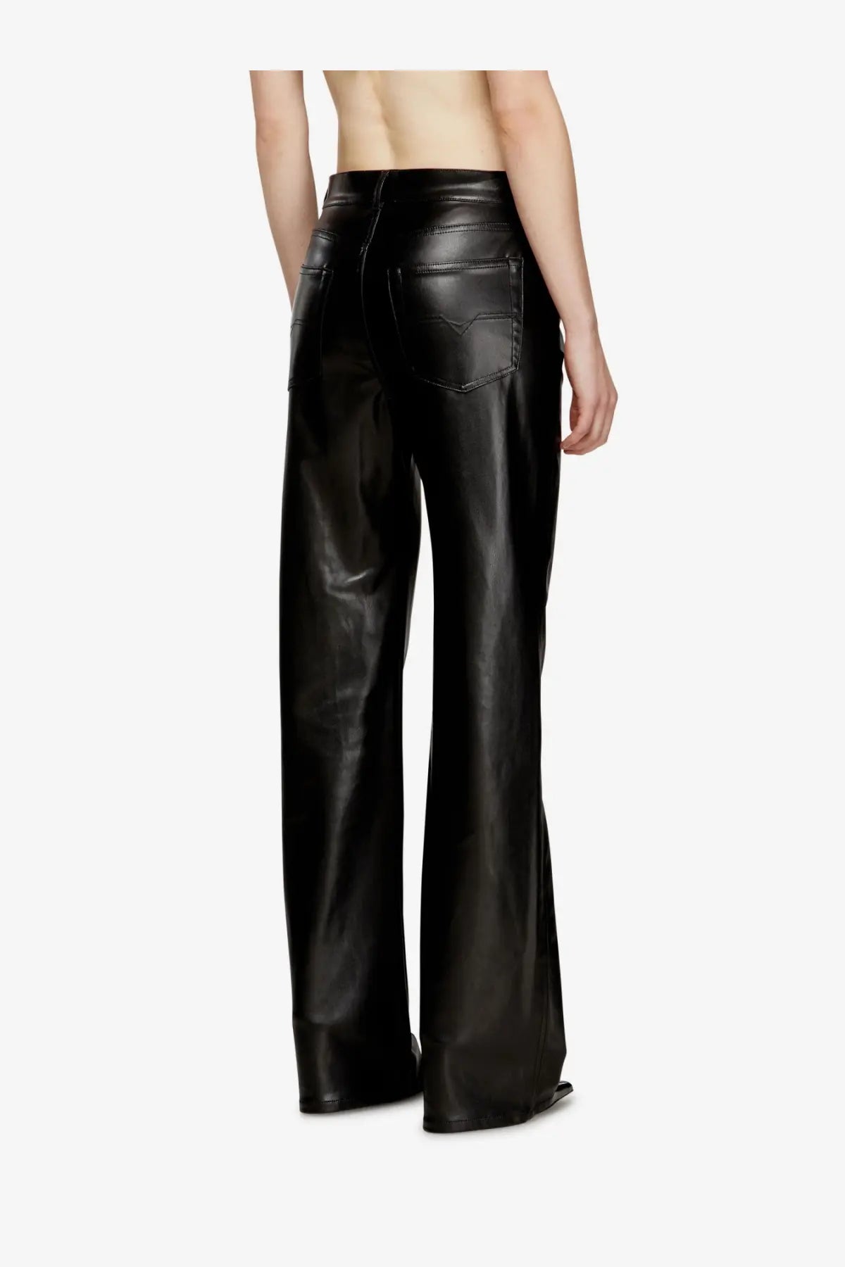 Black faux leather wide-leg high waist pants with classic back pockets shown from the back by Diesel Women