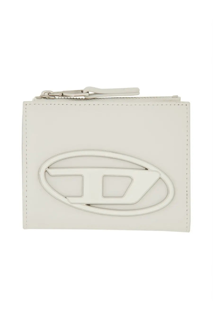 Diesel women’s white leather wallet with silver-toned zipper and embossed oval logo on front side