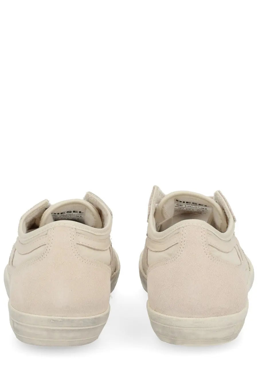 Diesel women’s Leroji low sneaker in beige suede with clean minimalist design and white rubber soles