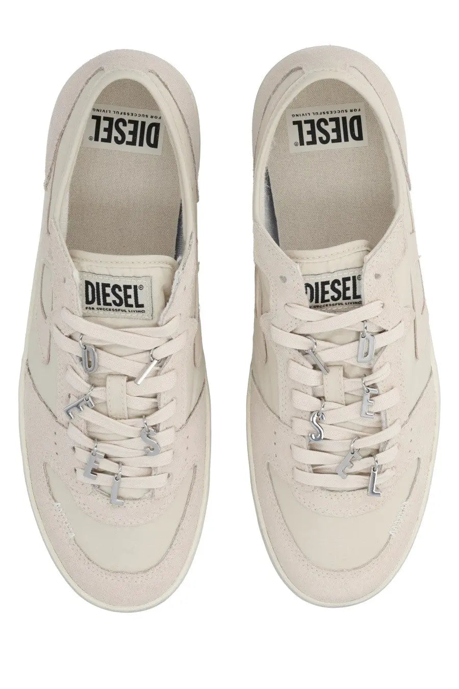 Cream-colored Diesel women’s Leroji low sneaker with metallic letter charms on laces and branded labels inside