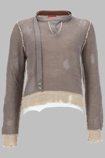 Diesel womens maglia sfrangiata dracarina grey taupe knit sweater with sheer mesh overlay frayed edges and beige hem