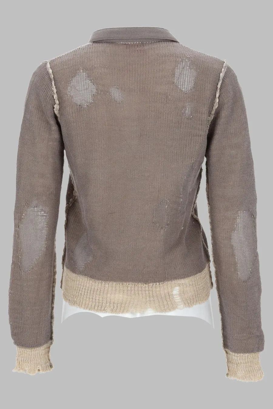 Diesel women’s maglia sfrangiata dracarina grey taupe knit cardigan with distressed mesh patches and beige ribbed cuffs and hem