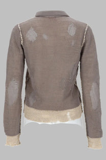 Diesel women’s maglia sfrangiata dracarina grey taupe knit cardigan with distressed mesh patches and beige ribbed cuffs and hem