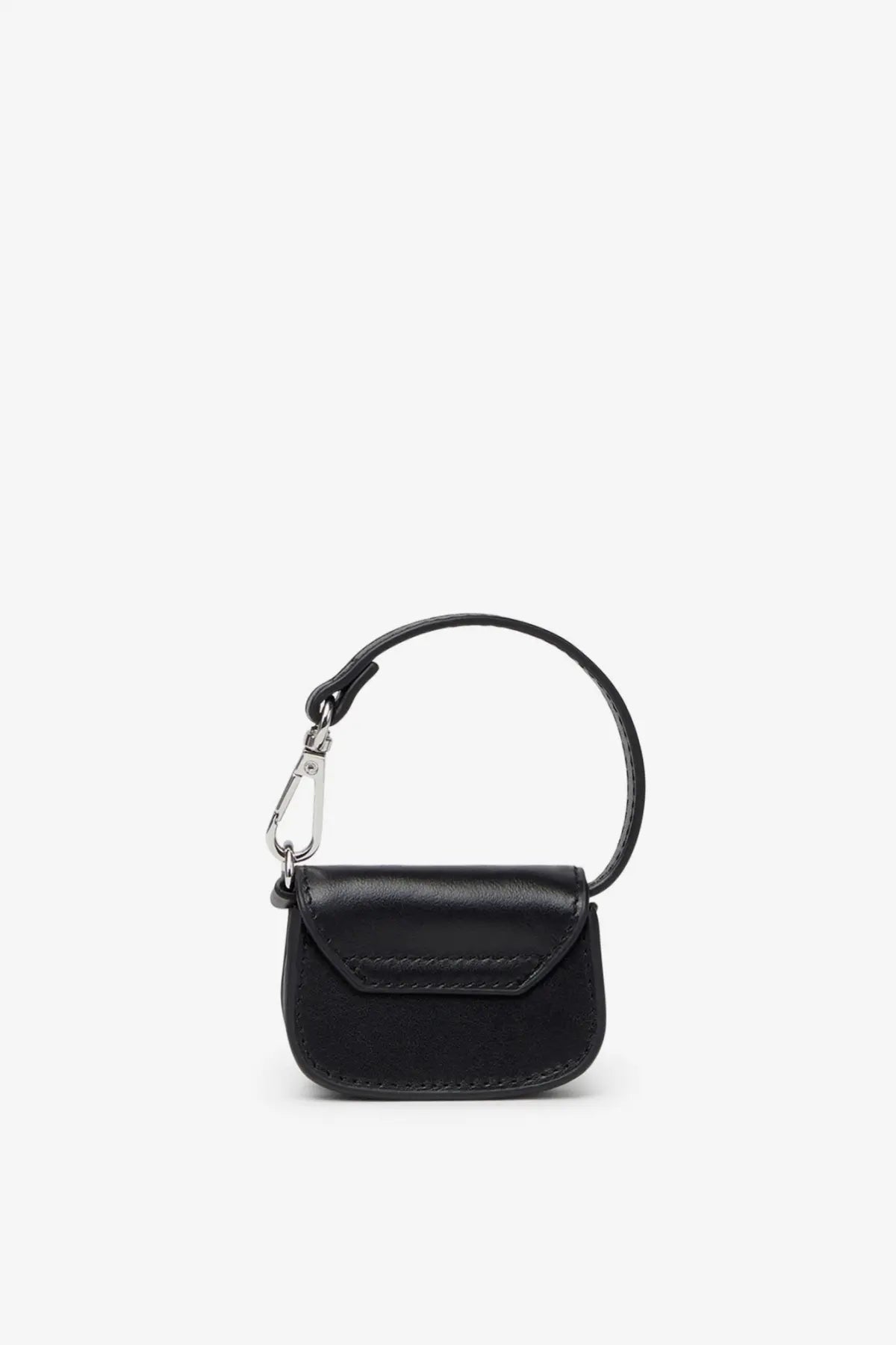 Diesel women’s micro leather charm black mini handbag with black leather, curved handle, and silver-toned carabiner clip