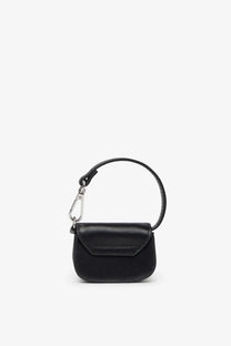Diesel women’s micro leather charm black mini handbag with black leather, curved handle, and silver-toned carabiner clip