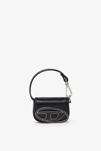 Diesel women’s micro leather charm black mini handbag with black leather, silver logo emblem, and circular handle