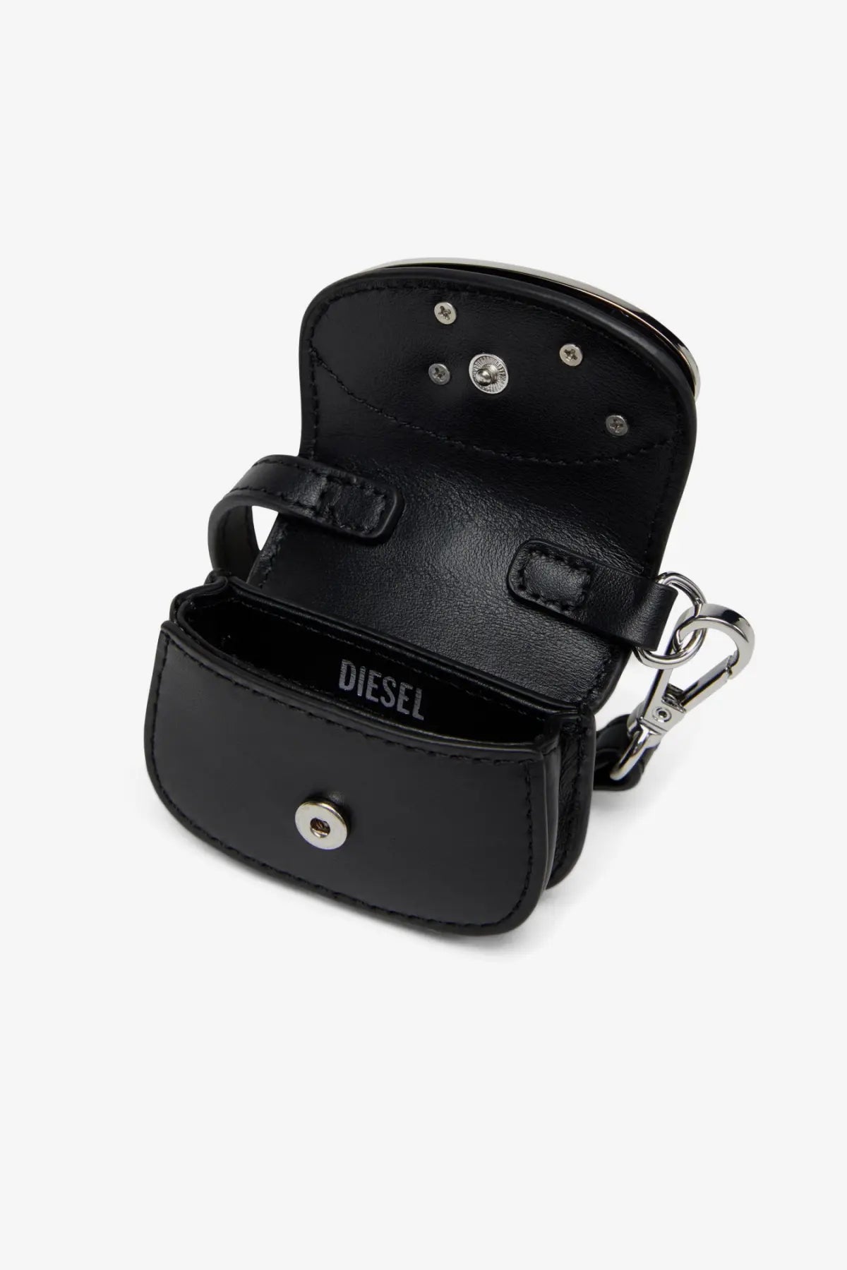 Diesel women’s micro leather charm black mini pouch in black leather with silver hardware and detachable chain strap