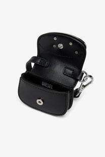 Diesel women’s micro leather charm black mini pouch in black leather with silver hardware and detachable chain strap