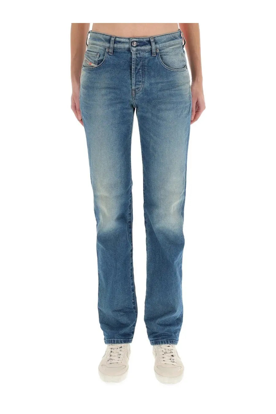 Diesel women’s mine jeans blue featuring blue denim with faded wash and classic five-pocket design