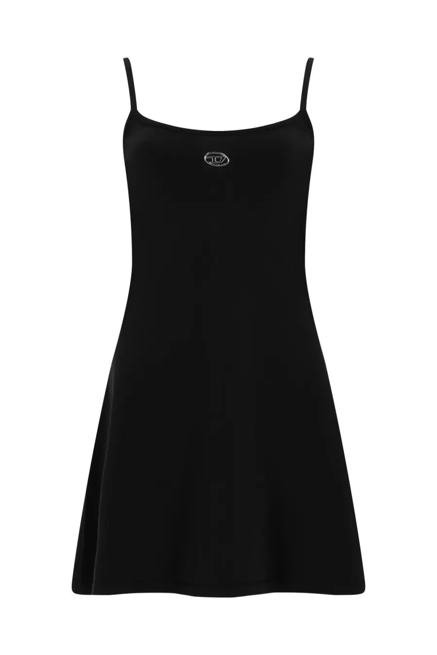 Diesel women’s mini dress newhop black featuring black spaghetti straps and a subtle silver logo at the neckline