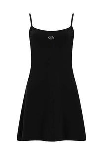 Diesel women’s mini dress newhop black featuring black spaghetti straps and a subtle silver logo at the neckline