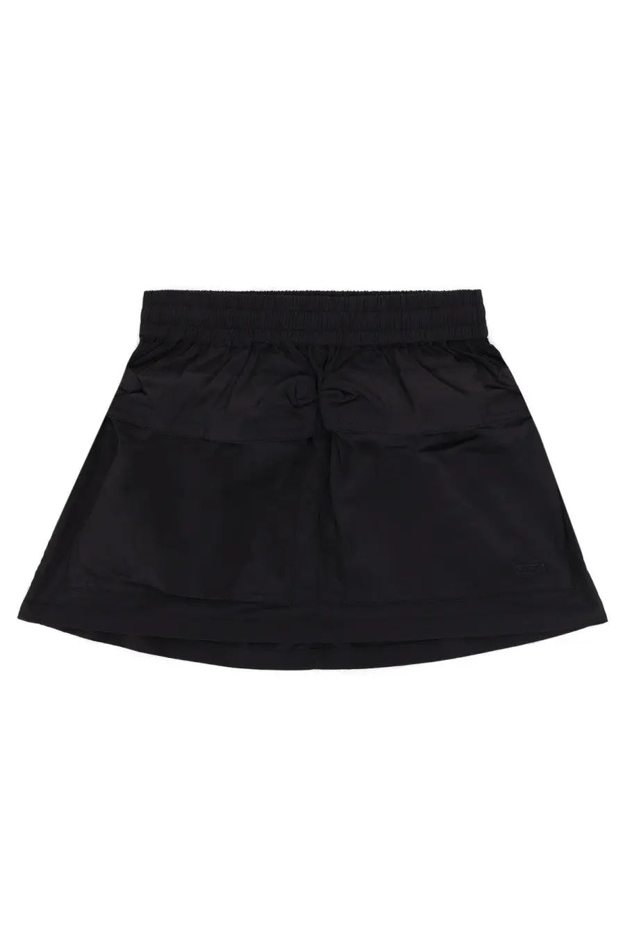 Diesel women’s black satin miniskirt featuring an elastic waistband and two front pockets