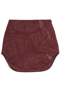 Diesel women’s miniskirt Hara red maroon leather with textured surface and braided stitching along the waistband