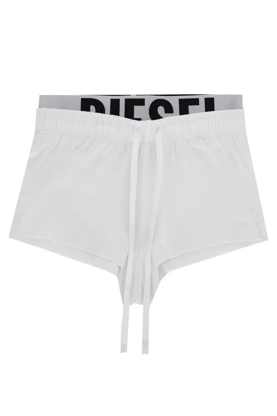 Diesel women’s miranda pop shorts in white with a gray waistband black lettering and drawstring closure
