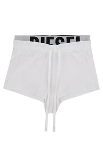 Diesel women’s miranda pop shorts in white with a gray waistband black lettering and drawstring closure