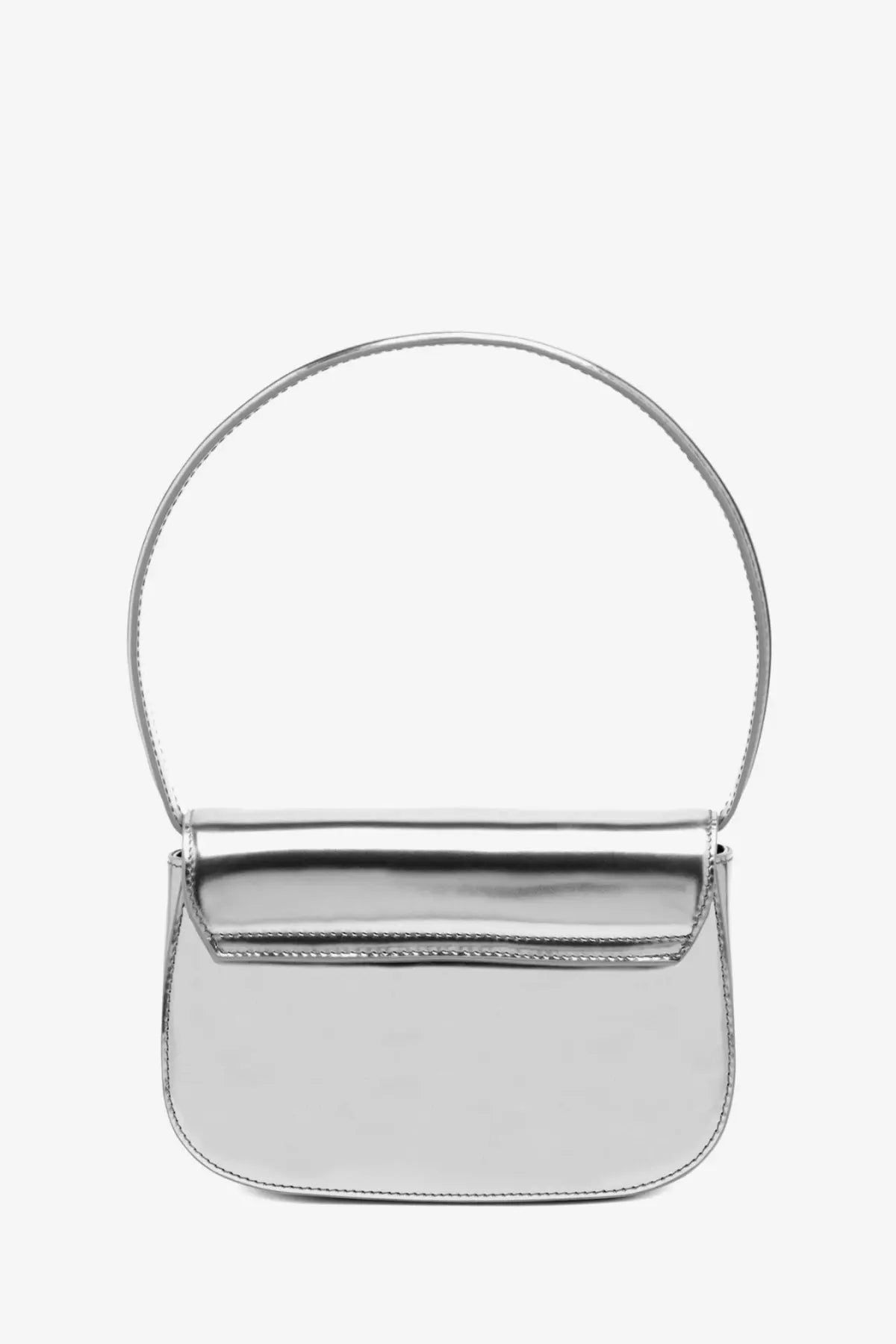Diesel women’s mirror leather shoulder bag grey with silver metallic finish and circular handle in sleek minimalist design