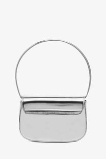 Diesel women’s mirror leather shoulder bag grey with silver metallic finish and circular handle in sleek minimalist design