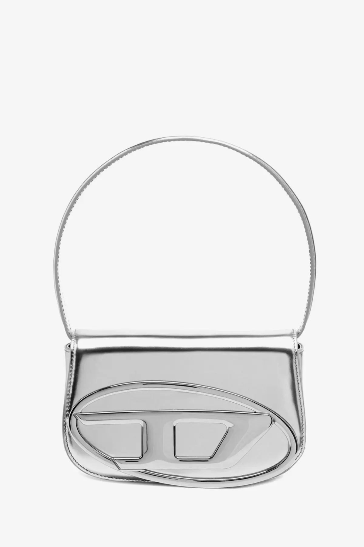 Diesel women’s mirror leather shoulder bag grey with silver metallic finish and sleek minimalist design with oval logo emblem