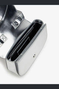 Diesel women’s mirror leather shoulder bag grey with silver metallic crossbody design and structured rectangular shape