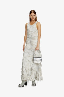 Diesel women’s mirror leather shoulder bag in grey silver metallic with structured minimalist design and front logo