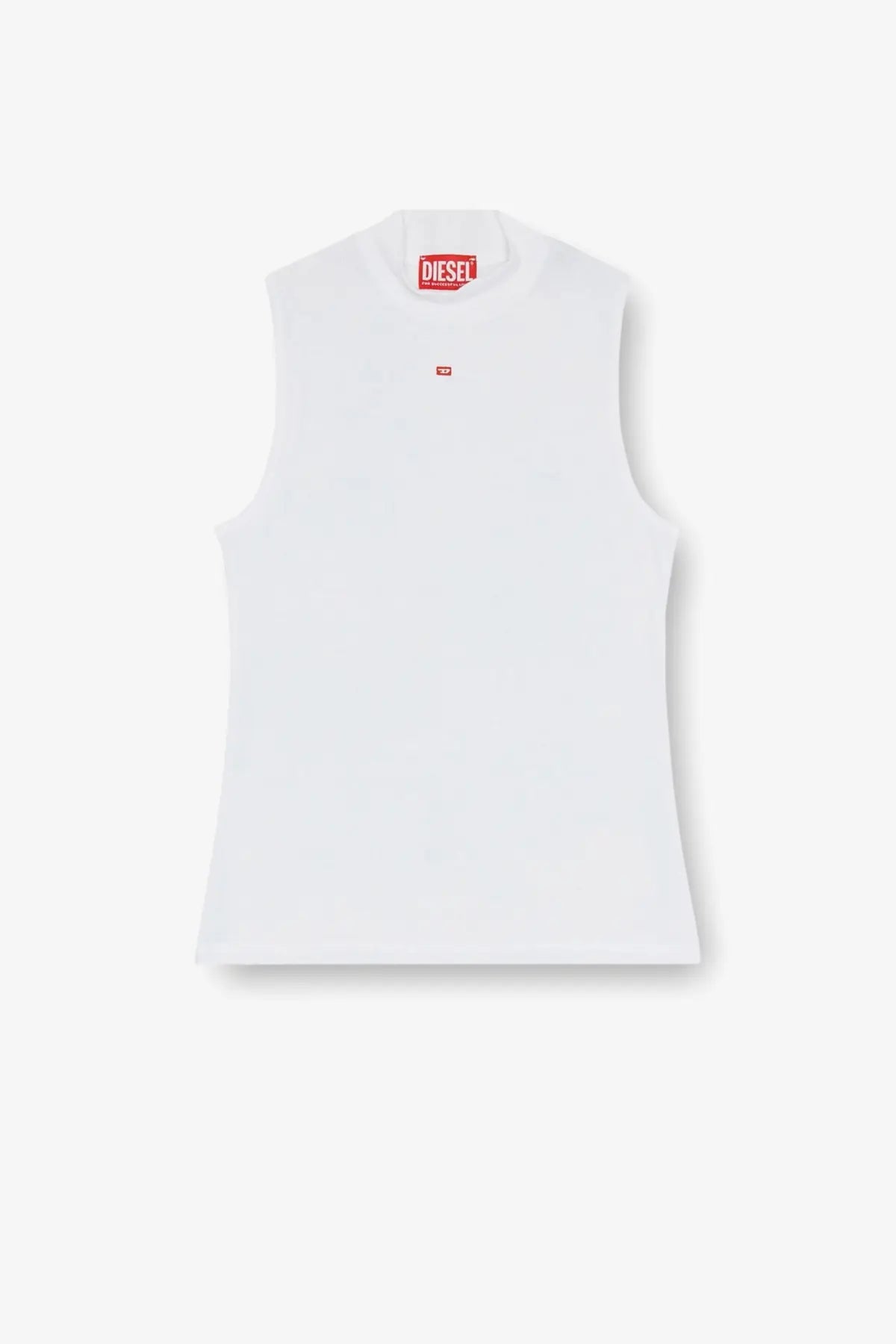 Diesel women’s Mokky LS microdiv stretch viscose white sleeveless tank top with red logo tag and chest emblem