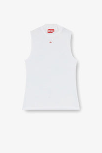 Diesel women’s Mokky LS microdiv stretch viscose white sleeveless tank top with red logo tag and chest emblem