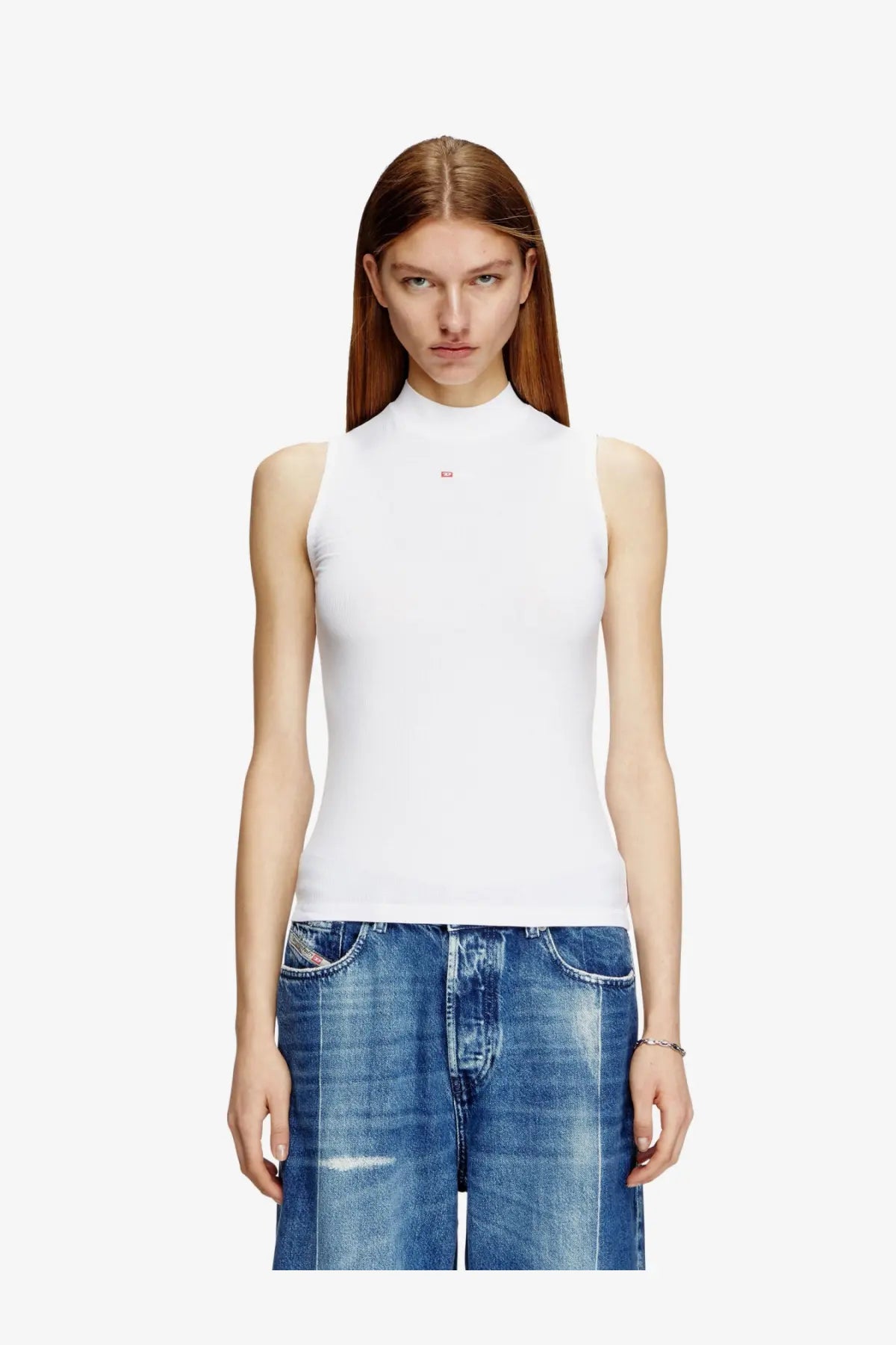 Diesel women’s Mokky LS microdiv stretch viscose white sleeveless high-neck tank top with small red chest logo