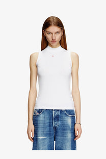 Diesel women’s Mokky LS microdiv stretch viscose white sleeveless high-neck tank top with small red chest logo