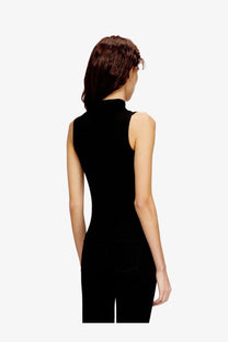 Black sleeveless high-neck Diesel women’s Mokky SL microdiv tank top in stretch viscose with fitted silhouette