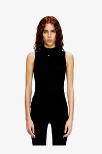 Diesel women’s mokky SL black sleeveless high neck tank top in stretch viscose with red and white logo at neckline