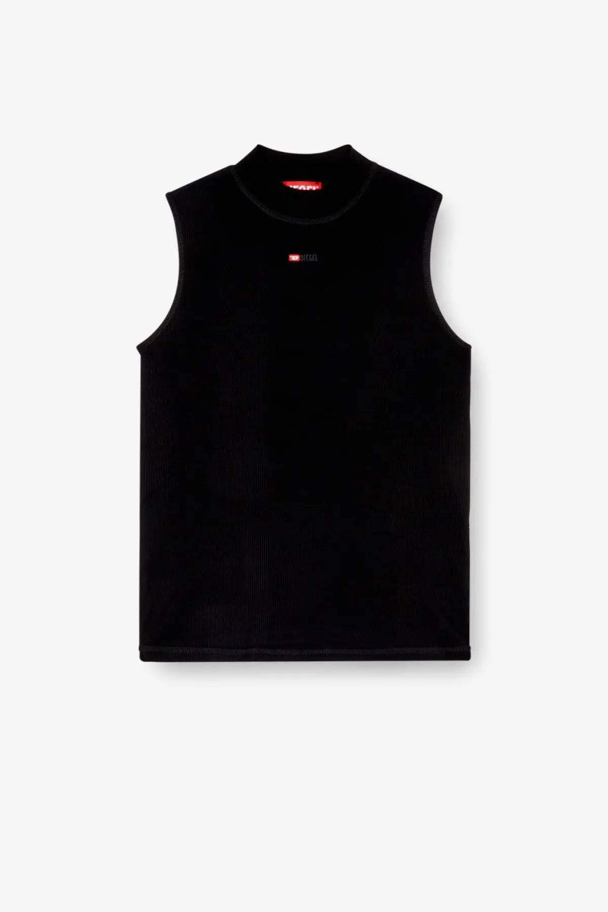 Diesel women’s mokky sl microdiv tank top black ribbed knit sleeveless top with crew neckline and red collar tags