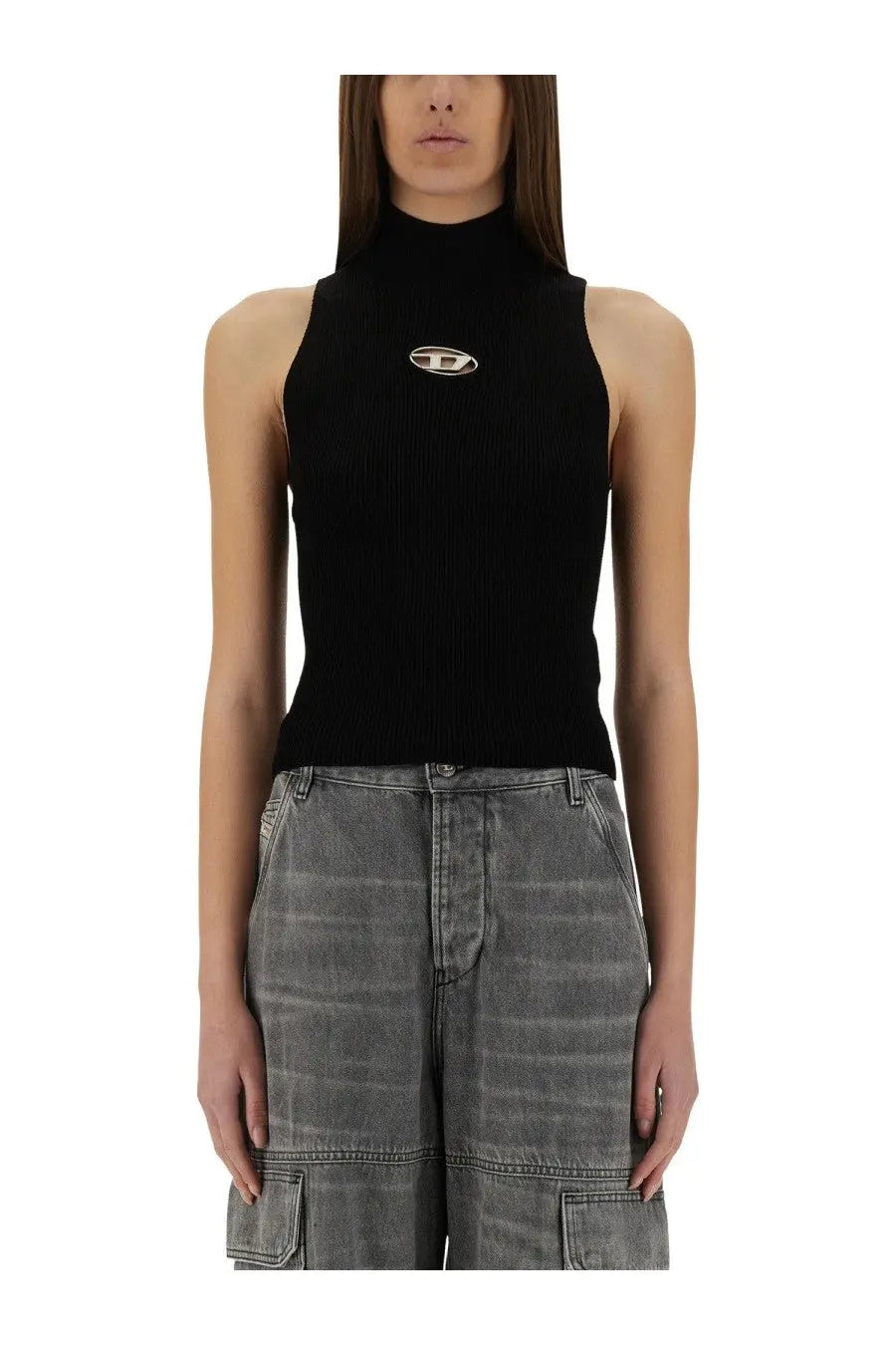 Black ribbed knit sleeveless Diesel women’s Onervax top with a silver logo emblem at the center of the chest