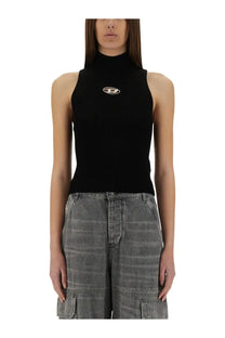 Black ribbed knit sleeveless Diesel women’s Onervax top with a silver logo emblem at the center of the chest