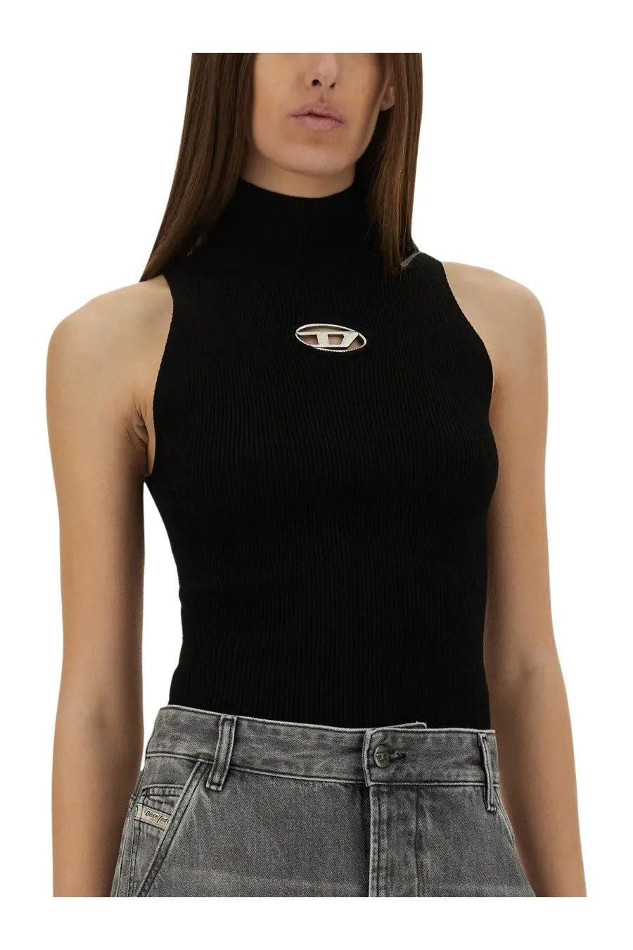 Diesel women’s onervax black ribbed sleeveless top with silver oval logo pin at the center of the chest