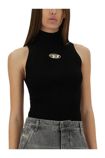 Diesel women’s onervax black ribbed sleeveless top with silver oval logo pin at the center of the chest