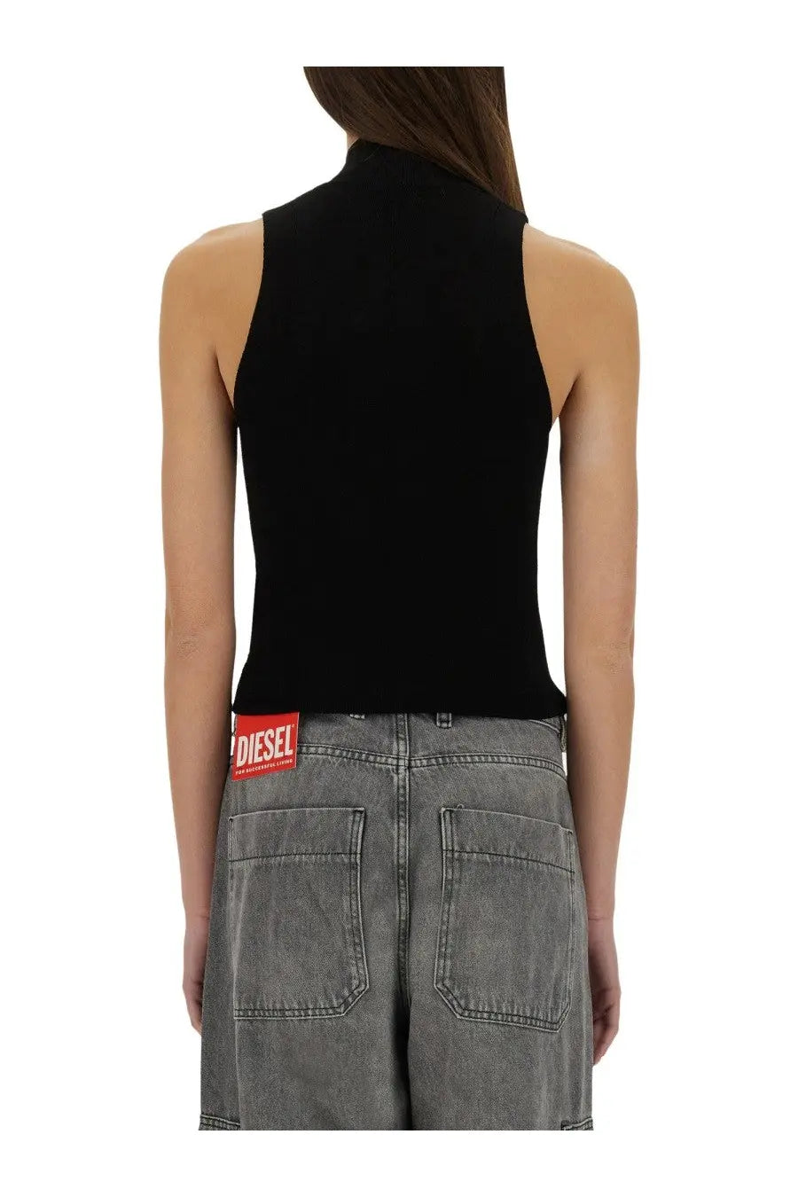 Diesel women’s onervax top black sleeveless high neck with red Diesel logo patch at waistband