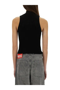 Diesel women’s onervax top black sleeveless high neck with red Diesel logo patch at waistband