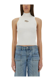 White ribbed halter neck top with small logo emblem at chest center from Diesel womens onervax collection