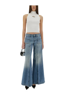 White ribbed high-neck sleeveless top with small metallic logo on chest by Diesel women’s Onervax Top white