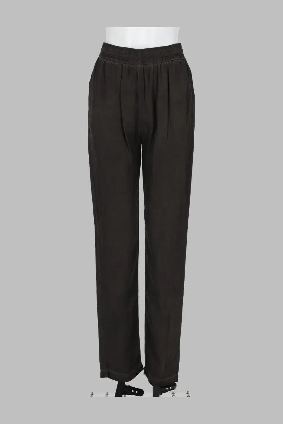 Black high-waisted Diesel women’s pantalone trousers in viscosa fluida grey with relaxed straight-leg cut and pleats